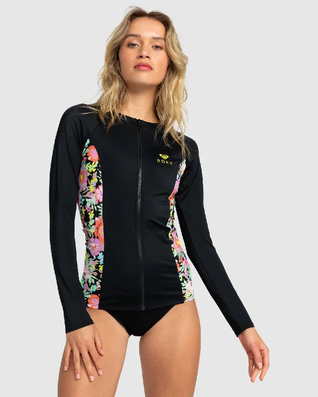 surf clothing with lightweight hoodies-Womens Roxy Active Pt Ls Zipped Lycra Rashguard