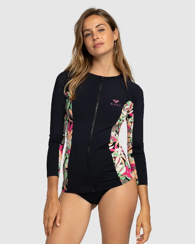 surf clothing for casual beach hangs-Womens Roxy Long Sleeve Zipped Rash Vest