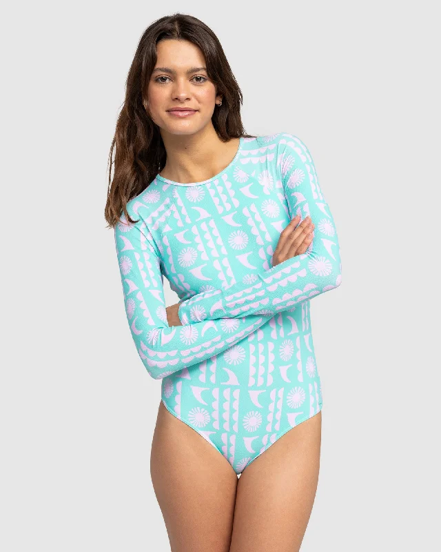 surf clothing for beach bonfires-Womens Surf Saavy Onesie Rashguard